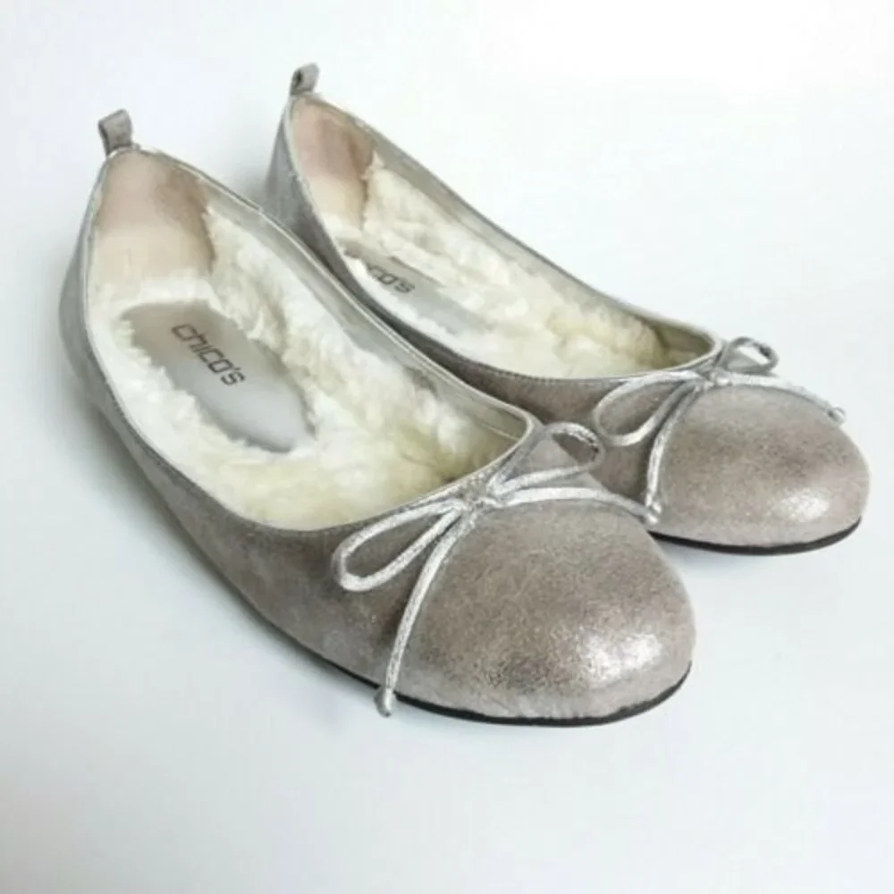 Chico's Glitter Faux Fur Lined Bow Front Flats Silver 9.5